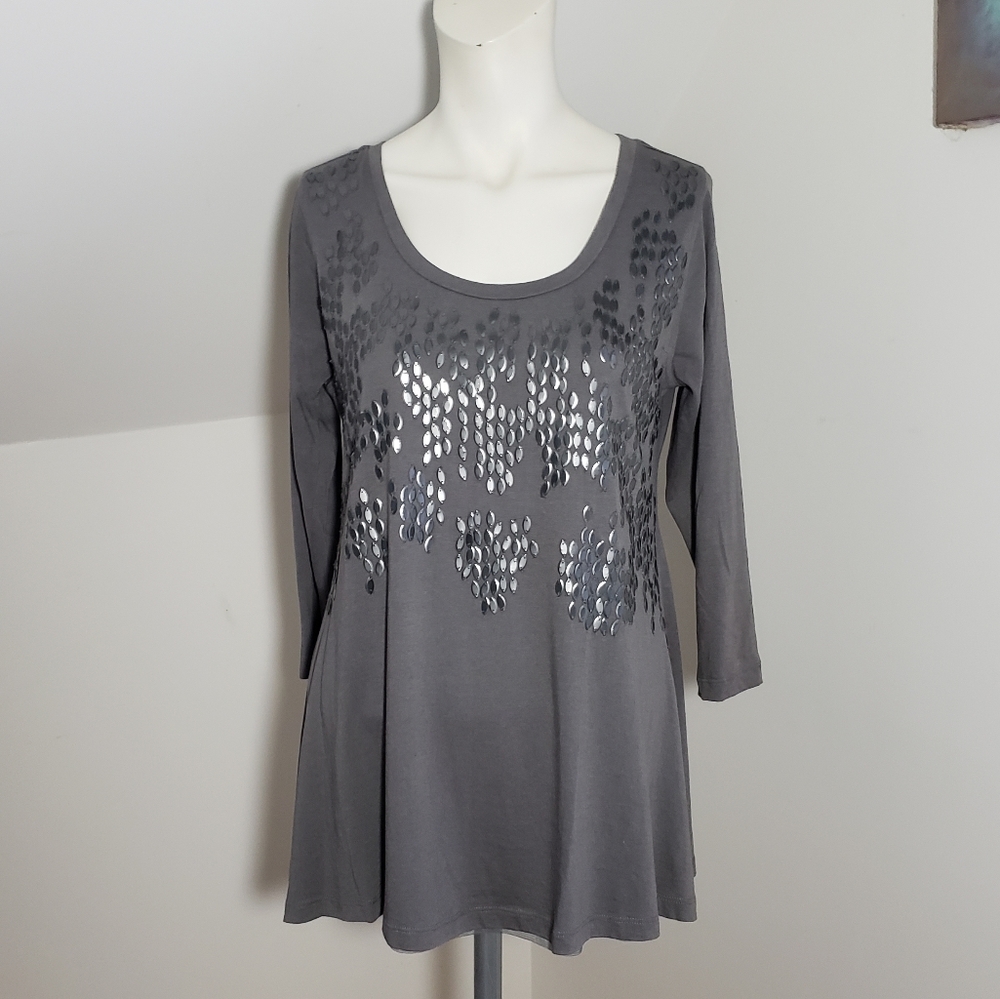 logo by lori goldstein gray embellished top 3/4 sleeve, size small